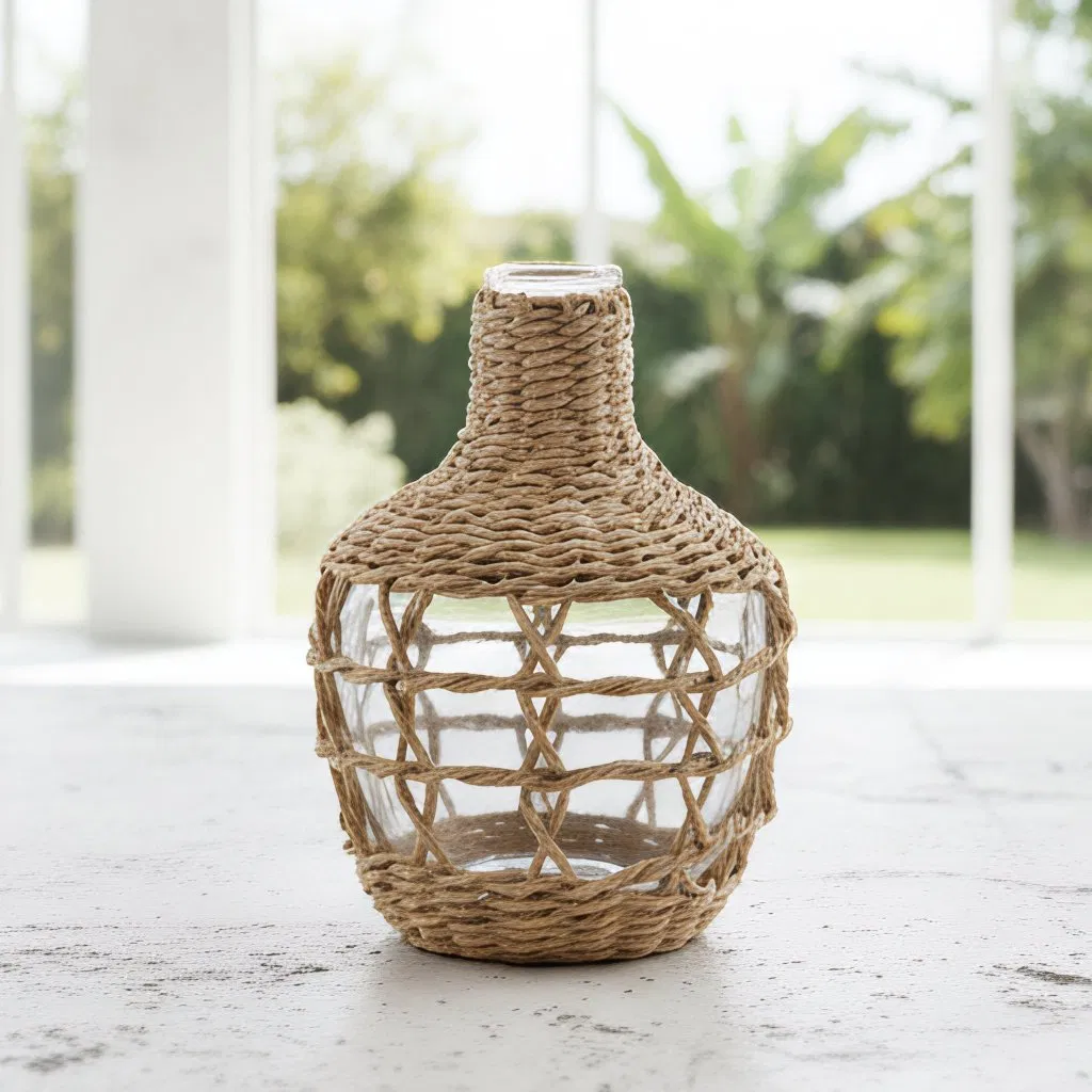 Small Wholesale Handcrafted Boho Wicker Wrapped Narrow Neck Glass Vase