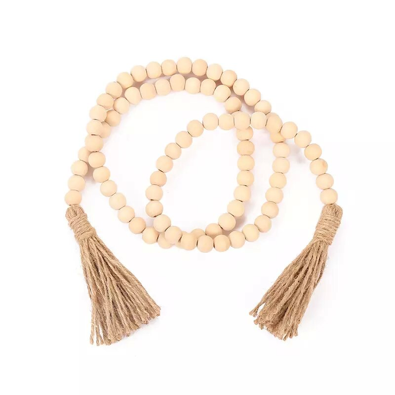 Natural Wood Nordic Home Decor Farmhouse Rustic Crafts Natural Wooden Bead Garland with Tassels