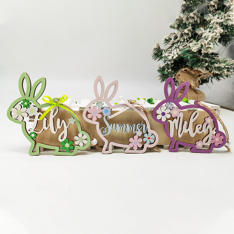 Easter Wooden Door Sign Cartoon Rabbit Door Wall Hanging Wood Plaque Pendant Easter Ornament Holiday Home Decor Wooden Craft