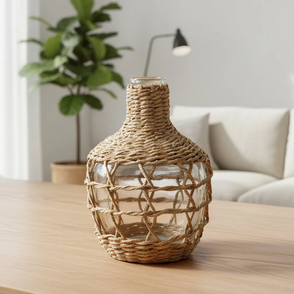 Small Wholesale Handcrafted Boho Wicker Wrapped Narrow Neck Glass Vase