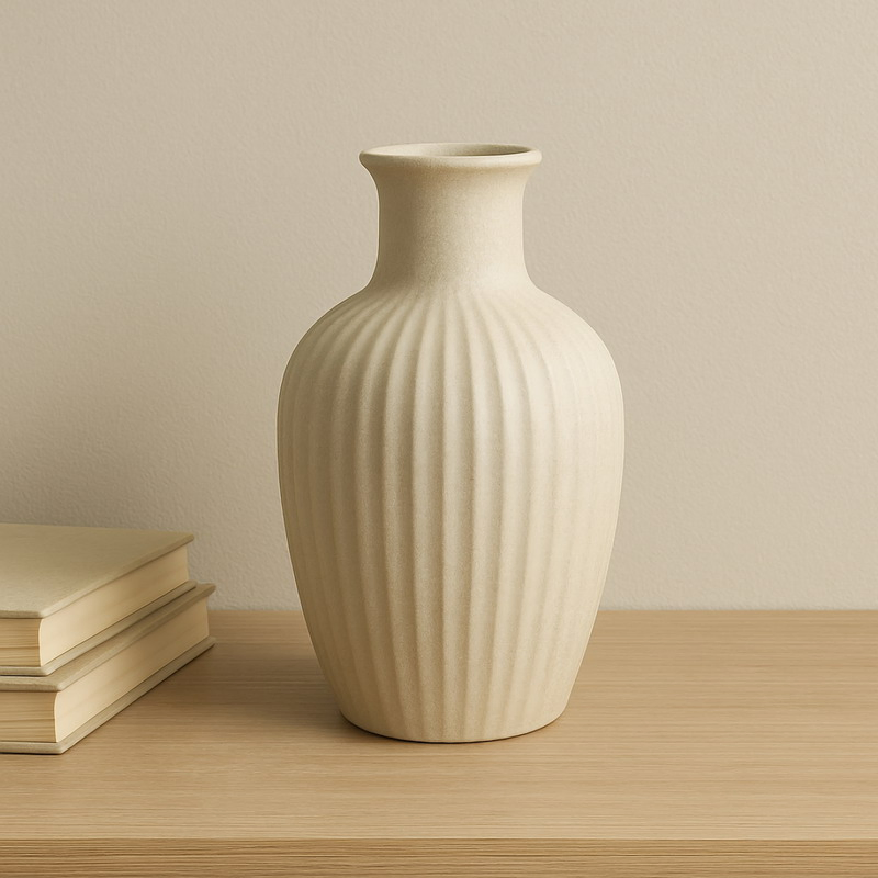 Ribbed Ceramic Vase Neutral Earthy Boho Home Decor Waterproof Decorative Flower Vase for Living Room Table Centerpiece