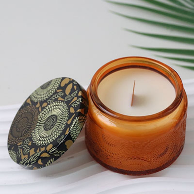 Exquisite Embossed Amber Glass Jar Candles with Floral Print Lid for Boho Home Decor &amp; Aesthetic Gifts Scented Candle