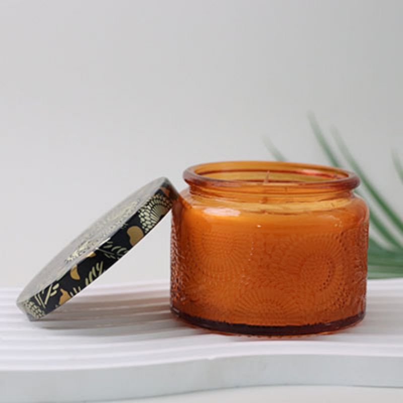 Exquisite Embossed Amber Glass Jar Candles with Floral Print Lid for Boho Home Decor &amp; Aesthetic Gifts Scented Candle