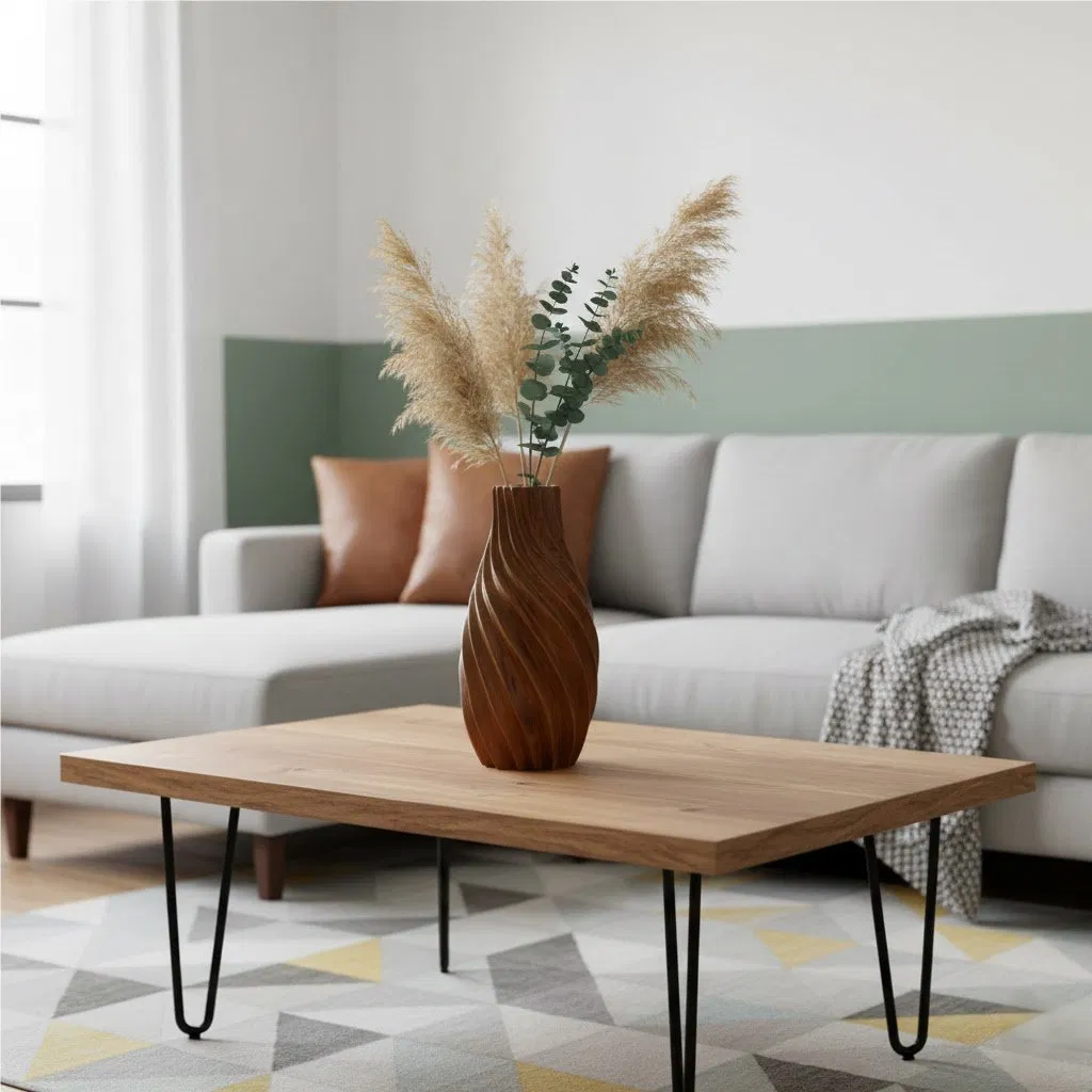 Swirled Teak Wooden Vase, Carved Spiral Texture, Artisan Decor Vase