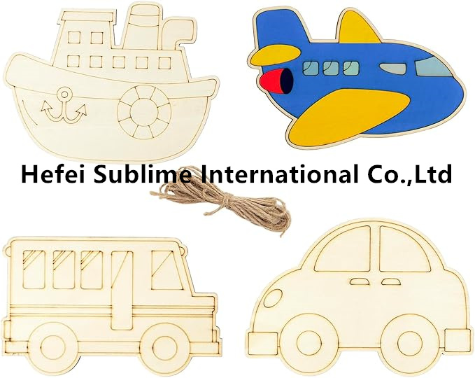 Unfinished Wood Transportation Cutouts Crafts Wooden Car Bus Plane Ship Crafts Wooden Traffic Vehicles Hanging Ornaments DIY Gift Tags