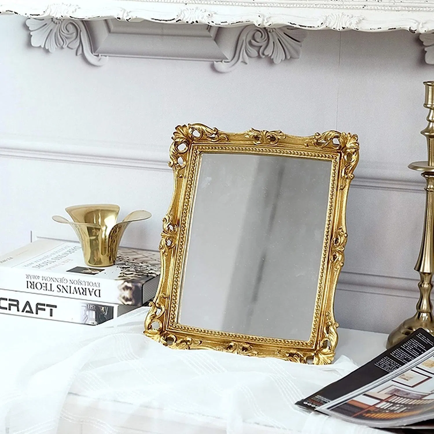 Vintage Decorative Square Antique Gold Wall Mounted Tabletop Makeup Resin Mirror Frame