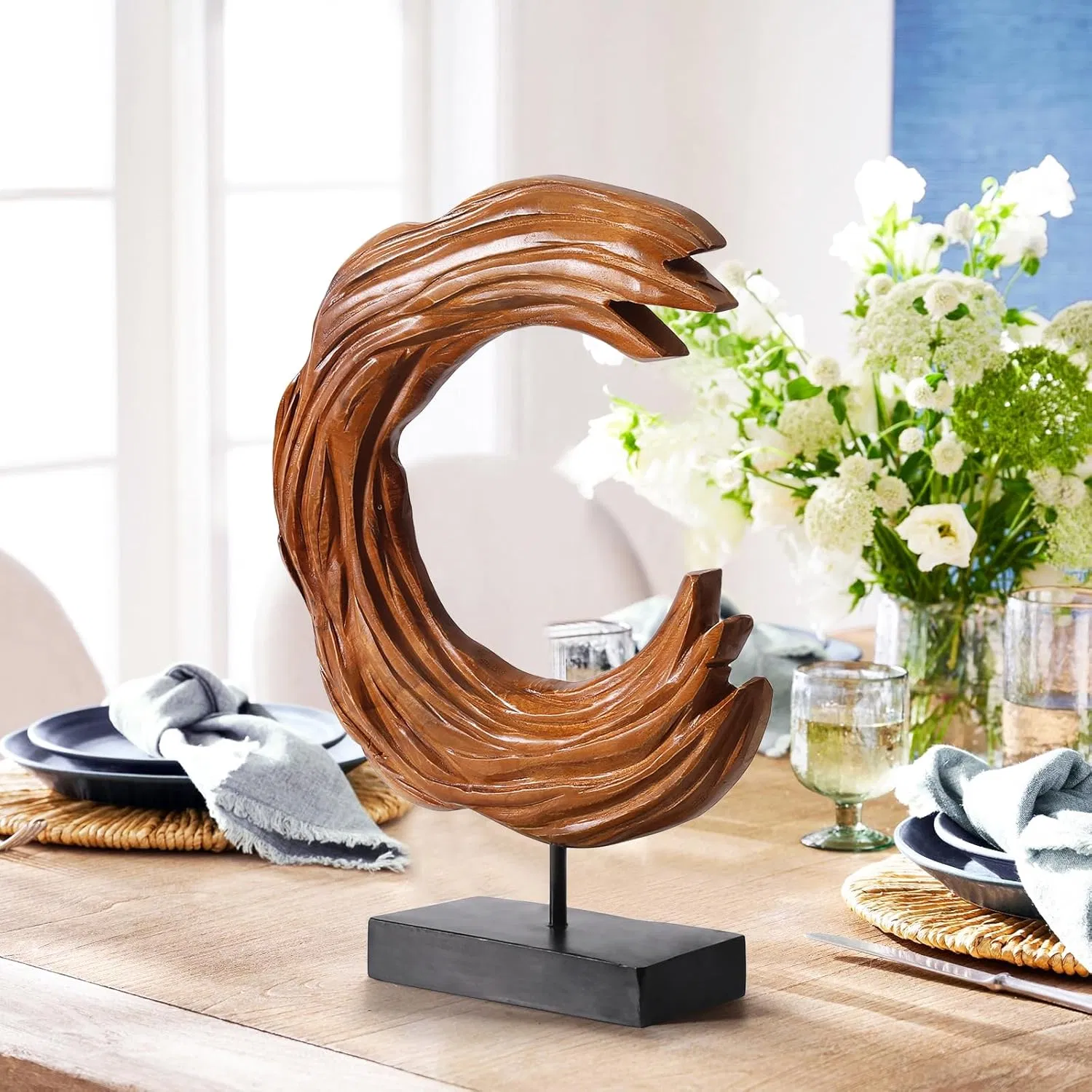 Handmade Teak Wood Ocean Wave Sculpture Art Decor for Home &amp; Office