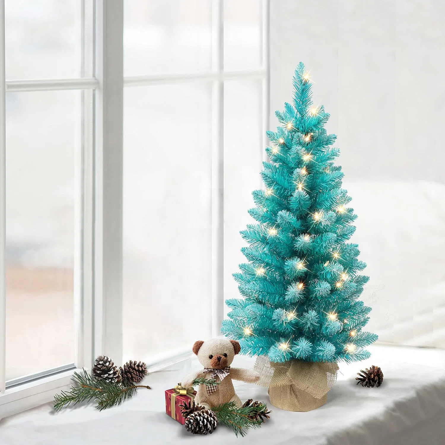 Artificial Christmas Tree Warm White LED Lights Faux Tree Seasonal Potted Indoor Home Decoration