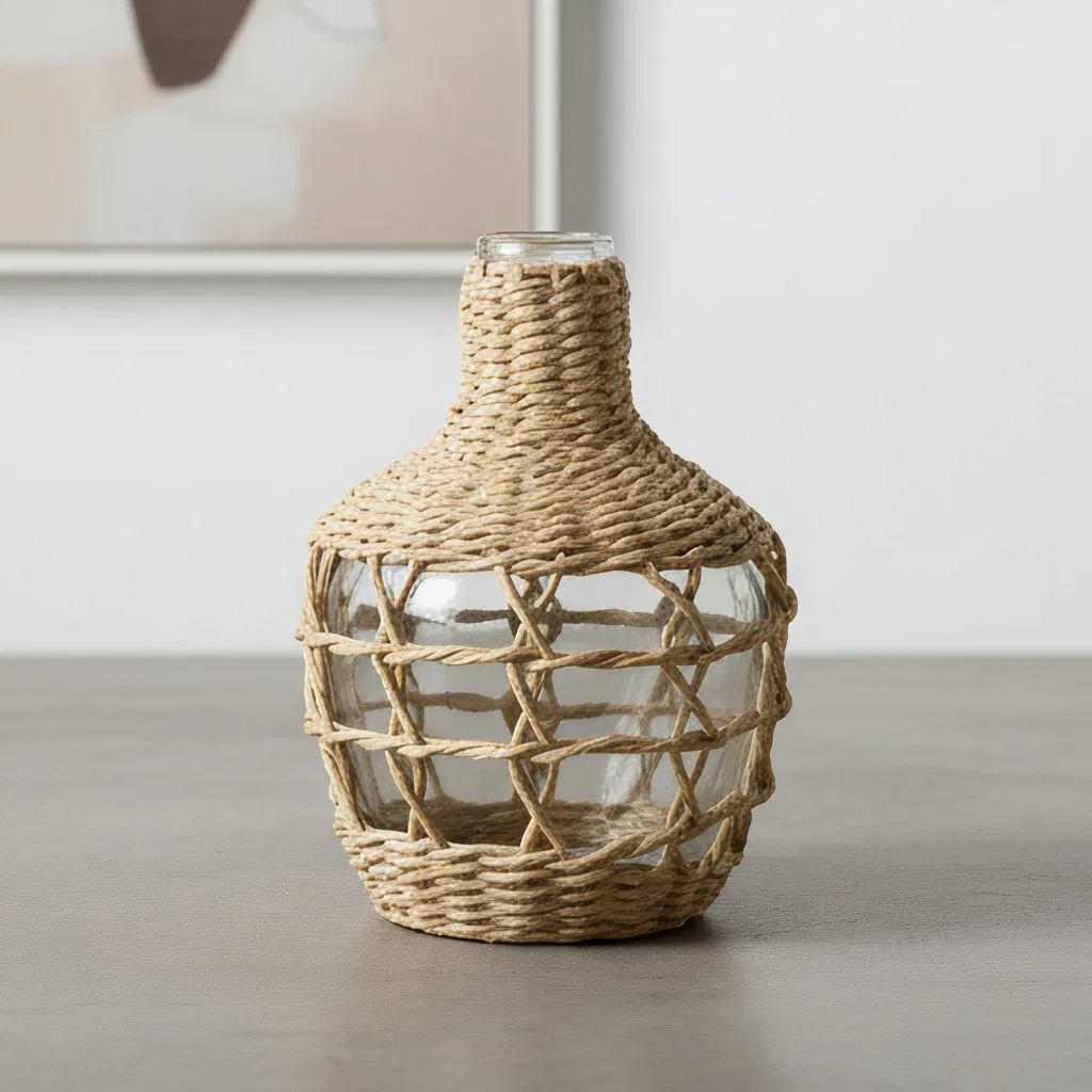 Small Wholesale Handcrafted Boho Wicker Wrapped Narrow Neck Glass Vase