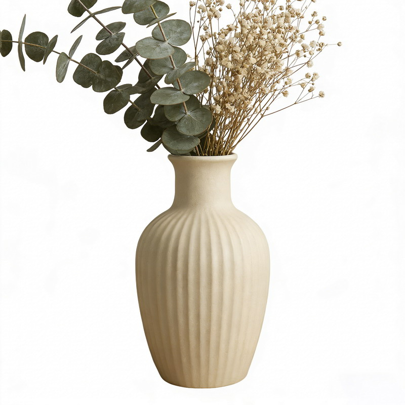 Ribbed Ceramic Vase Neutral Earthy Boho Home Decor Waterproof Decorative Flower Vase for Living Room Table Centerpiece