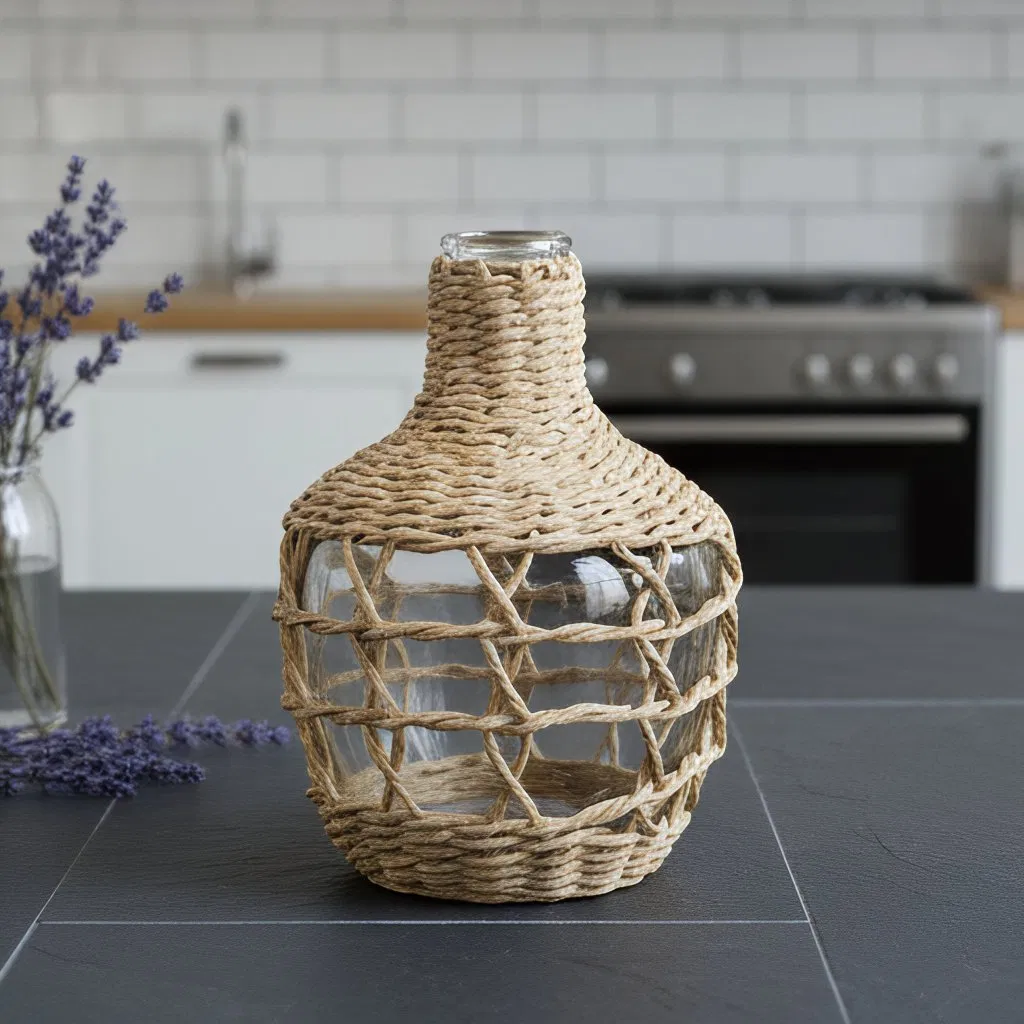 Small Wholesale Handcrafted Boho Wicker Wrapped Narrow Neck Glass Vase