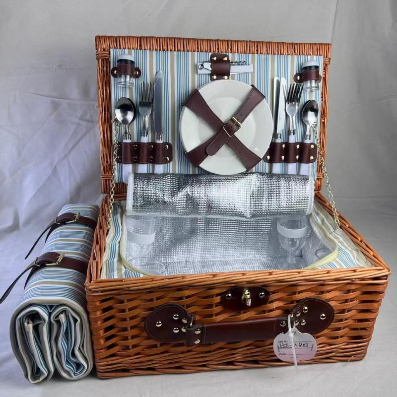 Luxury Handcrafted Picnic Basket Gift Set for Four with Wooden Accents