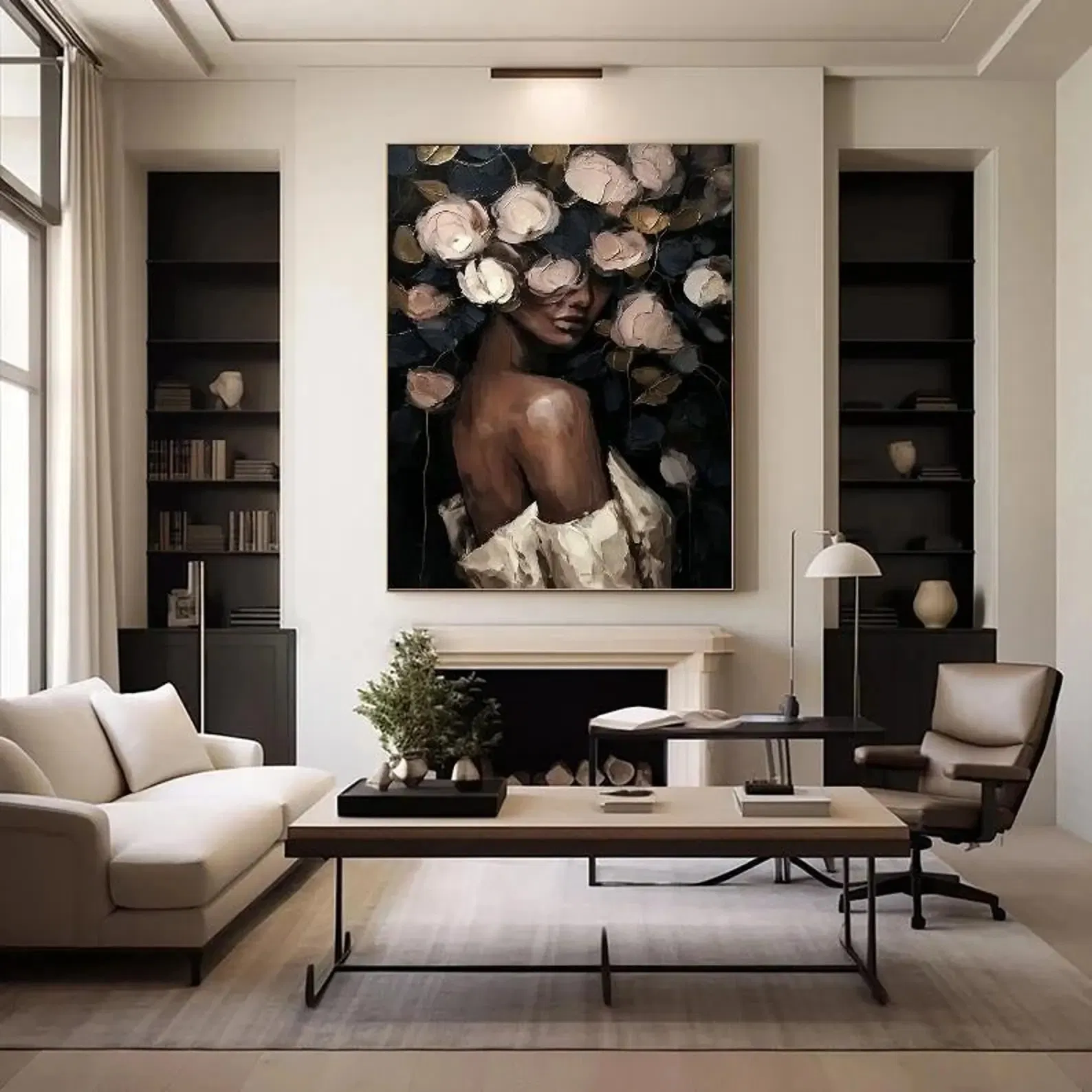 Abstract Woman Face Flower Oil Painting Boho with Textured Roses Home Decor