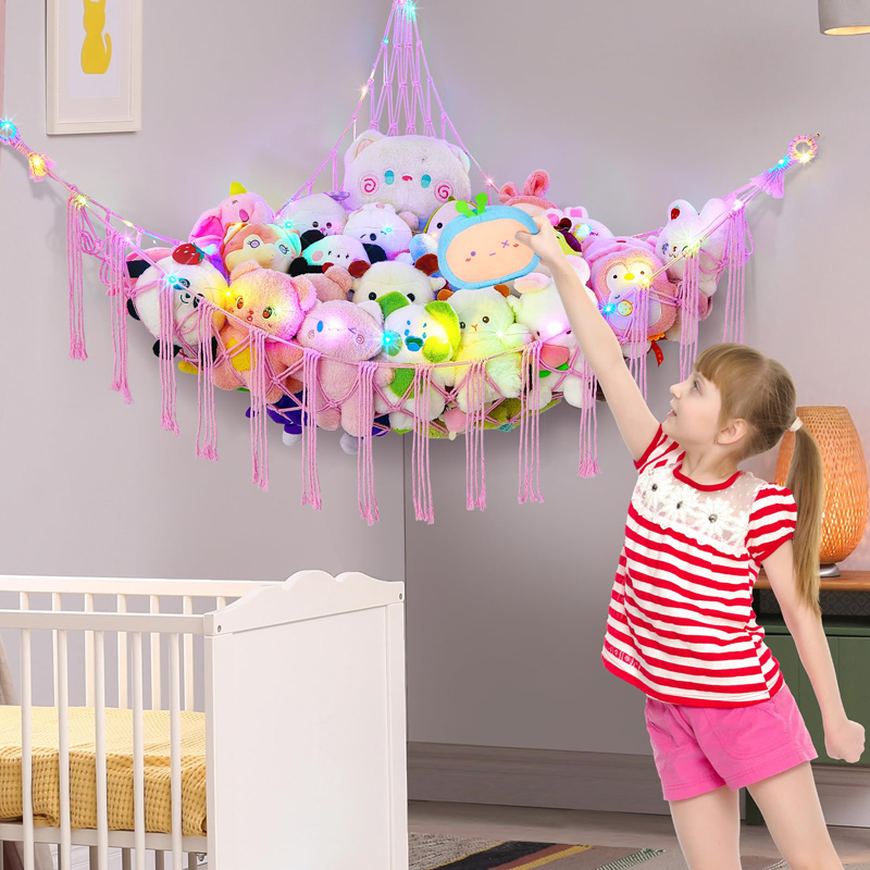 Mounted Handmade Toy Holder Stuffed Net Hammock Display Toy Storage Macrame Art Wall Decor for Home Wall Living Room
