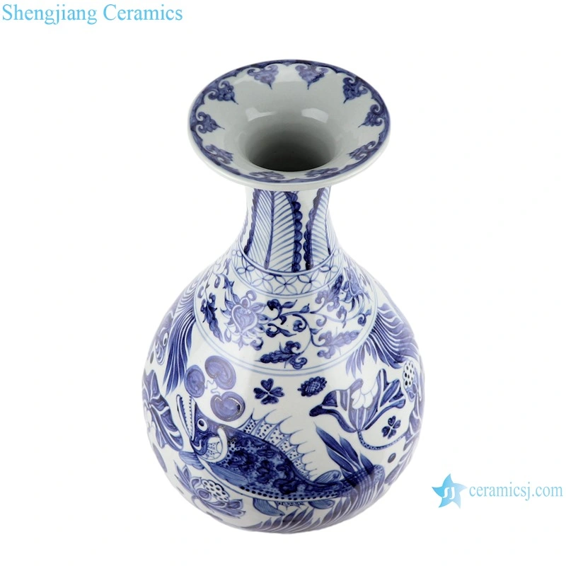 Antique Blue and White Porcelain Fish Lines and Patterns Pear Shape Ceramic Decorative Vase