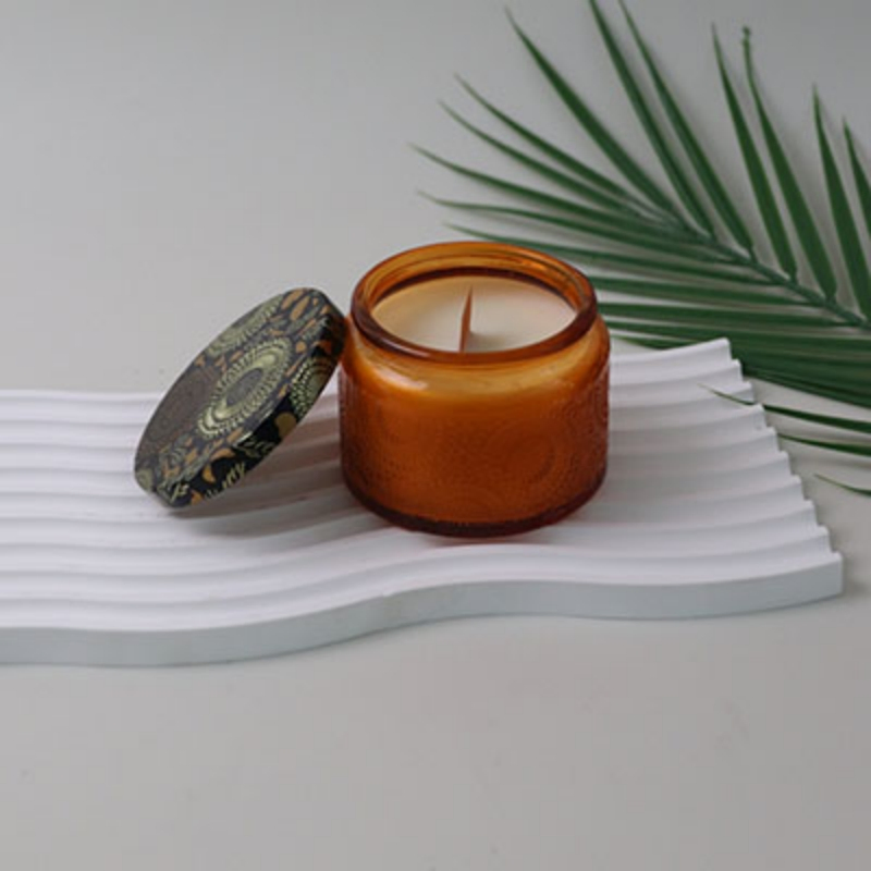 Exquisite Embossed Amber Glass Jar Candles with Floral Print Lid for Boho Home Decor &amp; Aesthetic Gifts Scented Candle
