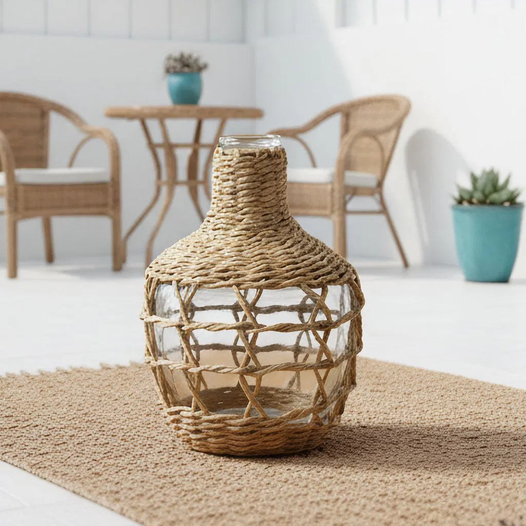 Small Wholesale Handcrafted Boho Wicker Wrapped Narrow Neck Glass Vase