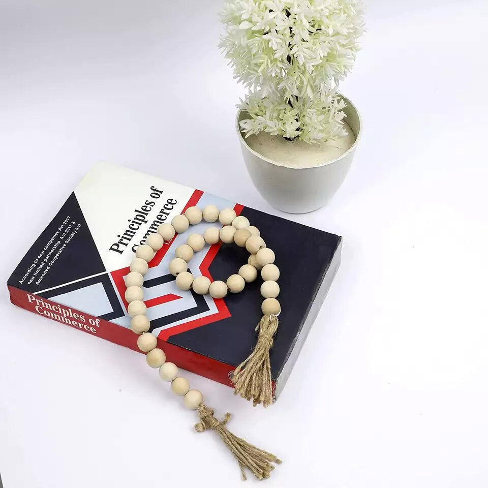 Natural Wood Nordic Home Decor Farmhouse Rustic Crafts Natural Wooden Bead Garland with Tassels
