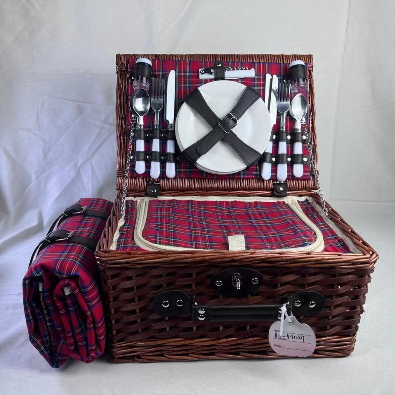 Luxury Handcrafted Picnic Basket Gift Set for Four with Wooden Accents