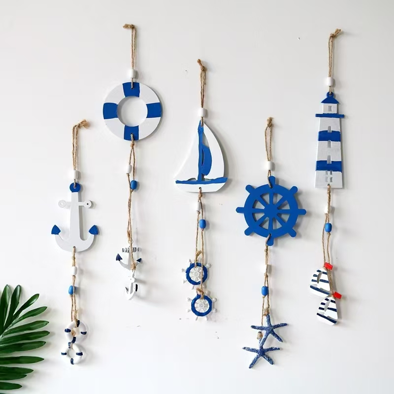 Mediterranean Style Decorative Pendant Home Background Wall Hanging Kindergarten Wall Hanging Lighthouse Sailboat Wooden Crafts