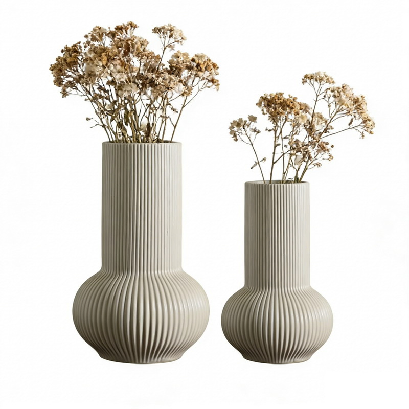 Modern Minimalist Ribbed Ceramic Vase Set Waterproof Neutral Nordic Home Decor Decorative Flower Vase for Living Room Table Centerpiece