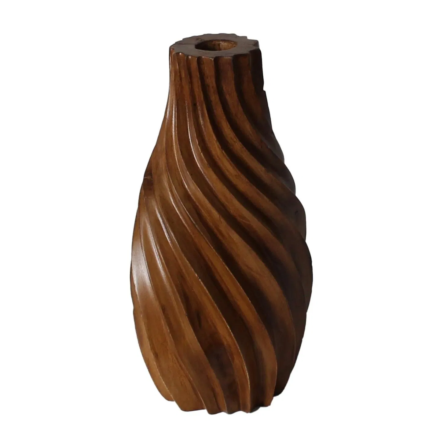 Swirled Teak Wooden Vase, Carved Spiral Texture, Artisan Decor Vase