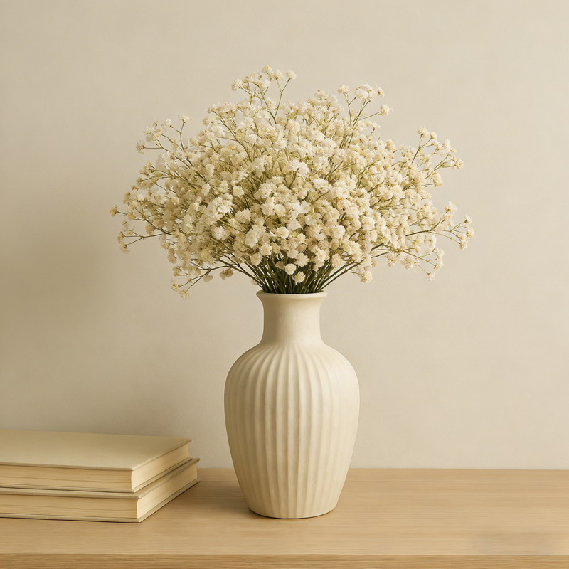 Ribbed Ceramic Vase Neutral Earthy Boho Home Decor Waterproof Decorative Flower Vase for Living Room Table Centerpiece