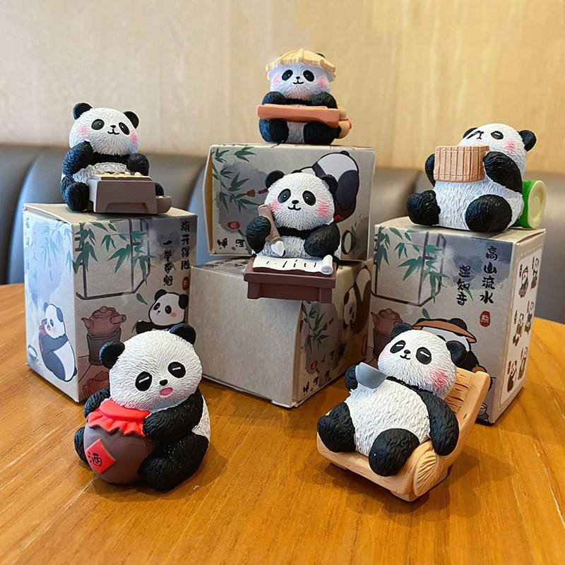 Resin Wood Carving Style Panda Desktop Ornaments Blind Box Cute Animal Home Decor Handmade Ornament