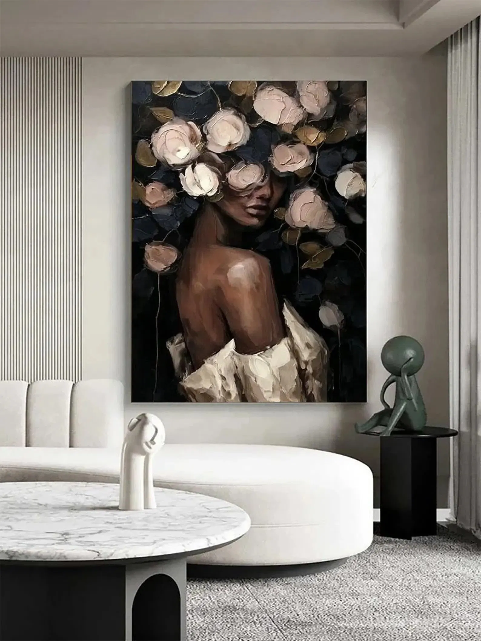 Abstract Woman Face Flower Oil Painting Boho with Textured Roses Home Decor