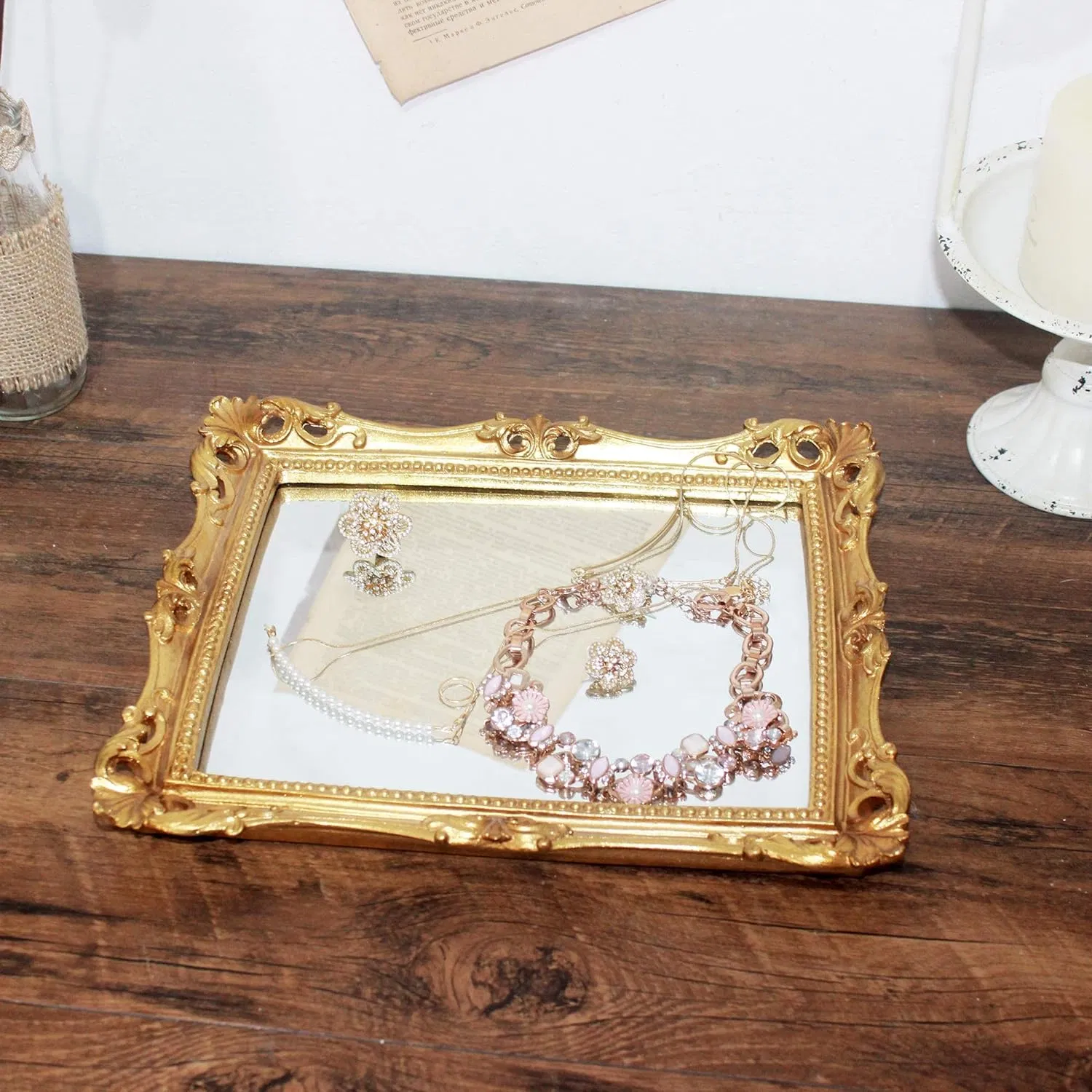 Vintage Decorative Square Antique Gold Wall Mounted Tabletop Makeup Resin Mirror Frame