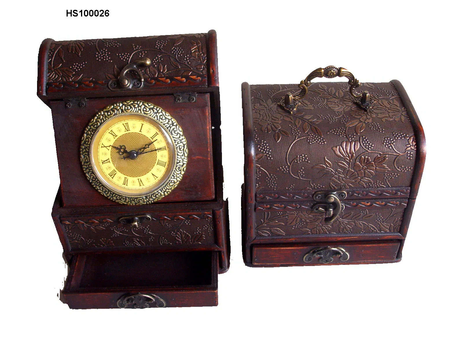 Antique Tabletop Clock &amp; Jewelry Organizer Box Craft Clock with Drawer (HS100026) Vintage Wooden Decorative Clock with Storage Compartment