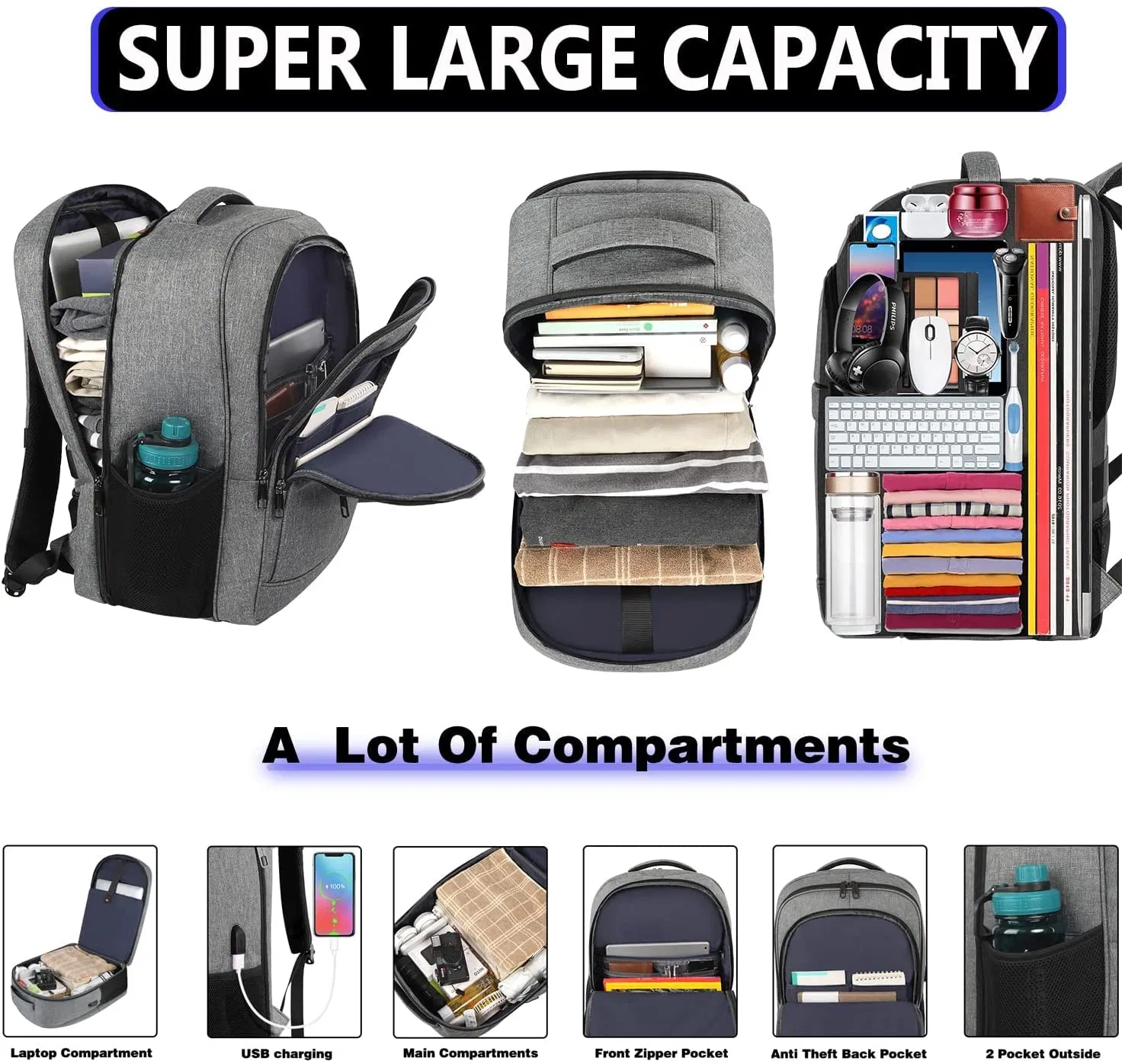 Business Anti Theft Laptops Backpack College School Computer Bag with USB Charging Port