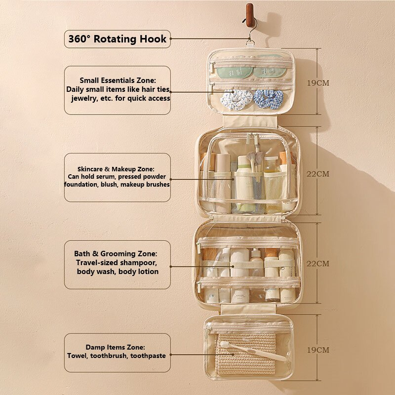 Custom Cosmetic Promotion Multifunctional Fashion Large Capacity Lady Waterproof Oxford Cloth Hook Beauty Convenient Washing Shop Travel Portable Makeup Bag