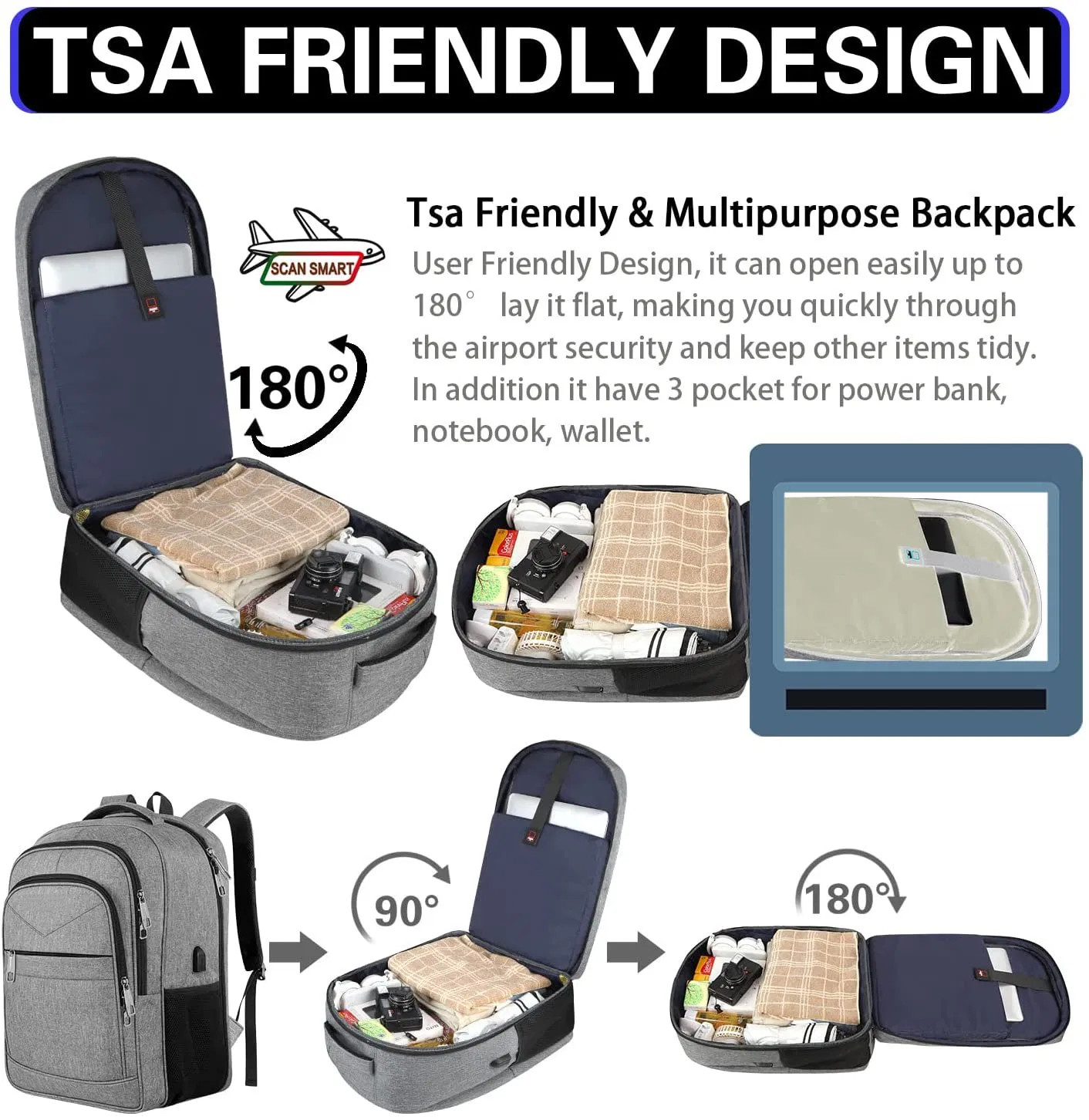 Business Anti Theft Laptops Backpack College School Computer Bag with USB Charging Port