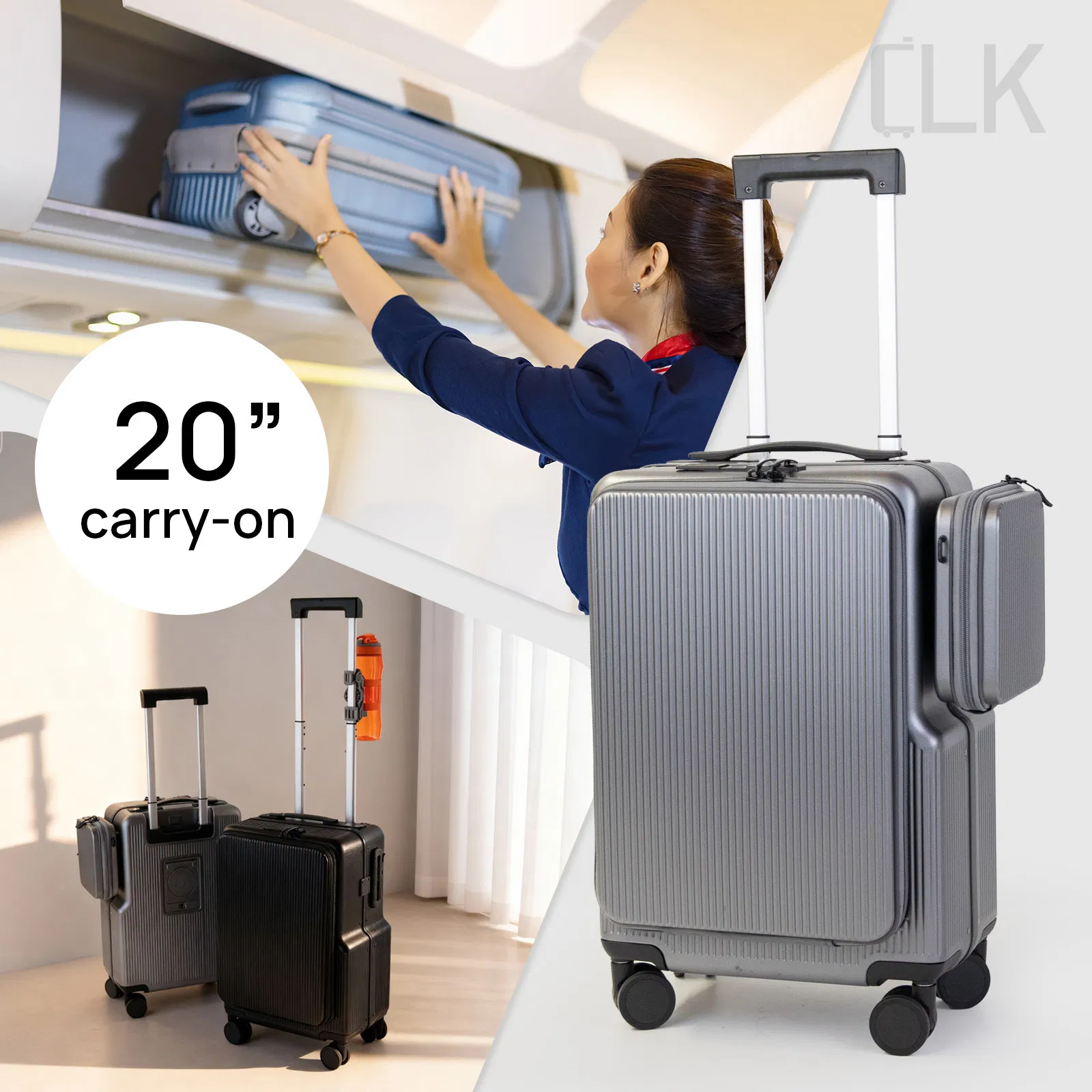 20-Inch Cabin Approved Smart Fingerprint Lock Integrated Electronic Weight Scale Handle Magnetic Detachable Side Pack Removable Wheels Compact Carry on