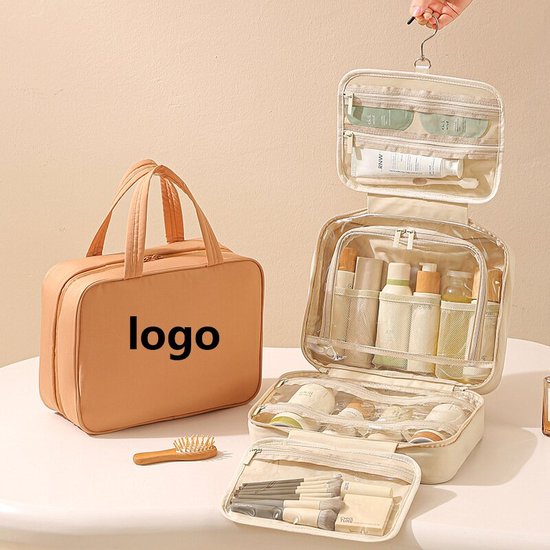Custom Cosmetic Promotion Multifunctional Fashion Large Capacity Lady Waterproof Oxford Cloth Hook Beauty Convenient Washing Shop Travel Portable Makeup Bag