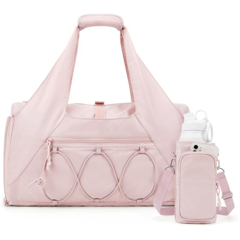Fuliya Home Travel Vacation Portable Crossbody Tote Storage Bag Pink Women Gym Travel Overnight Bag with Waterbottle Pocket