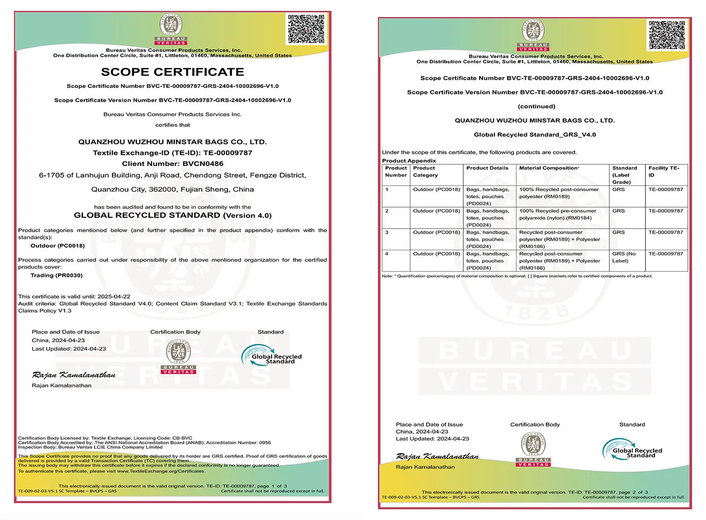 Certifications GRS BSCI