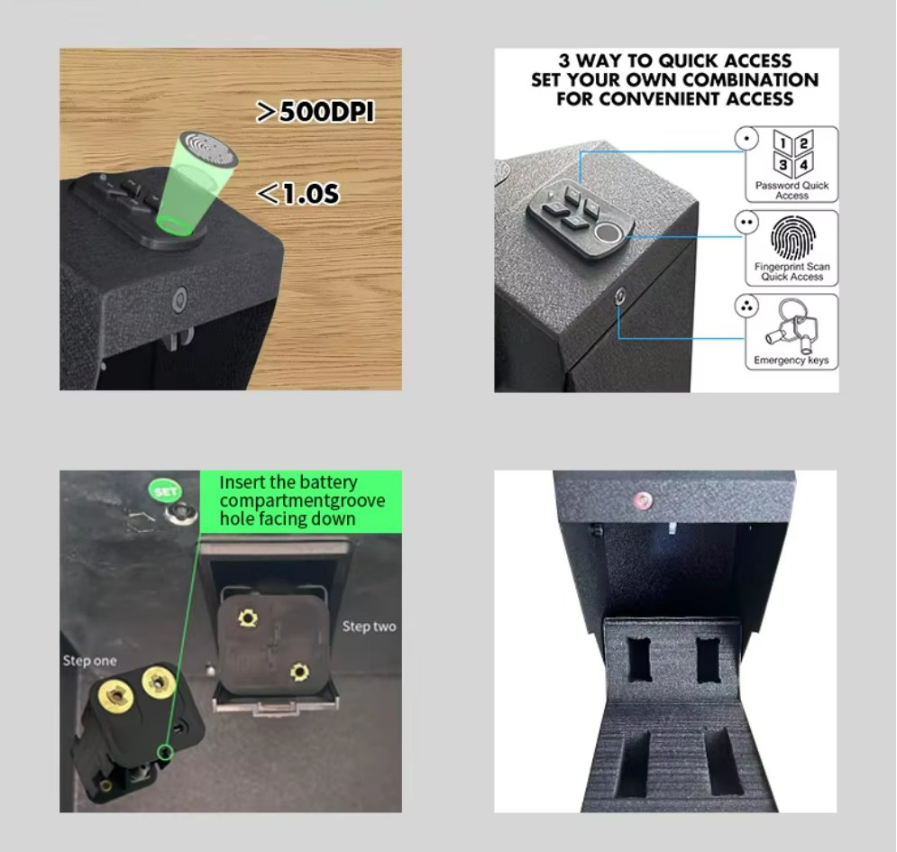 Gun Safe for with Biometric Fingerprint for Nightstand Desk Bed Gun Safe Box with Fingerprint Pin Code Key