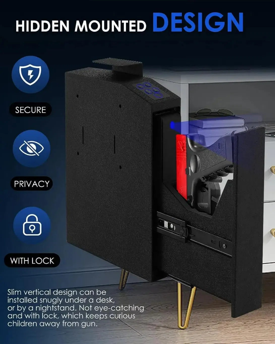 Biometric Gun Safe for Handgun, Mounted Handgun Safe with Quick Access Sliding Door, for Nightstand, Desk, with Fingerprint,
