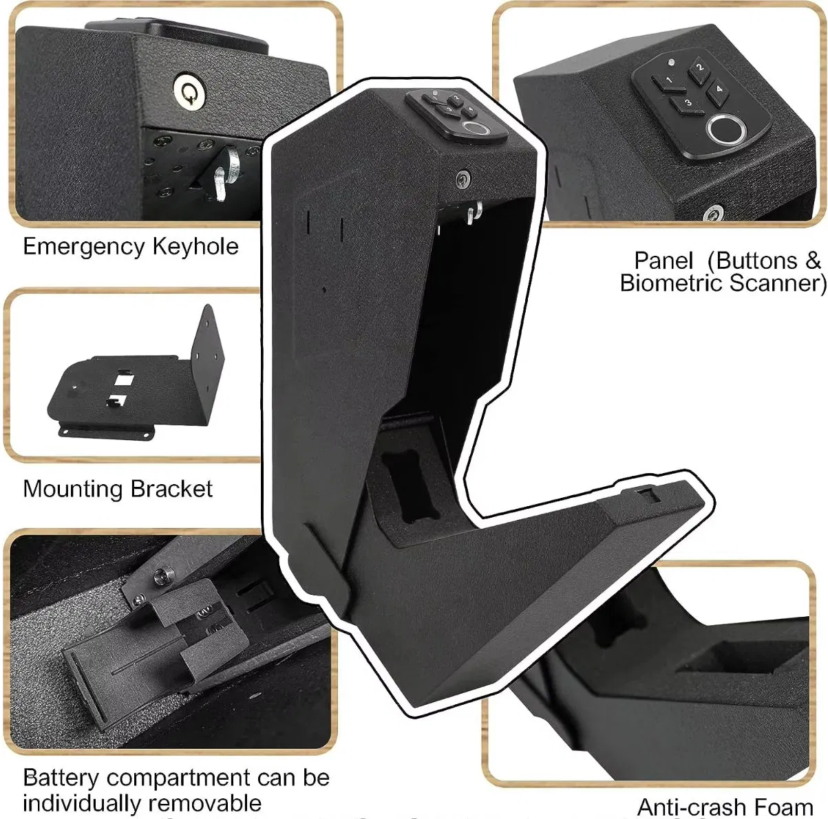 Hand Gun Safe with Biometric Fingerprint for Nightstand Desk Bed Auto Sliding Door Hand Gun Safe with Fingerprint Pin Code Key