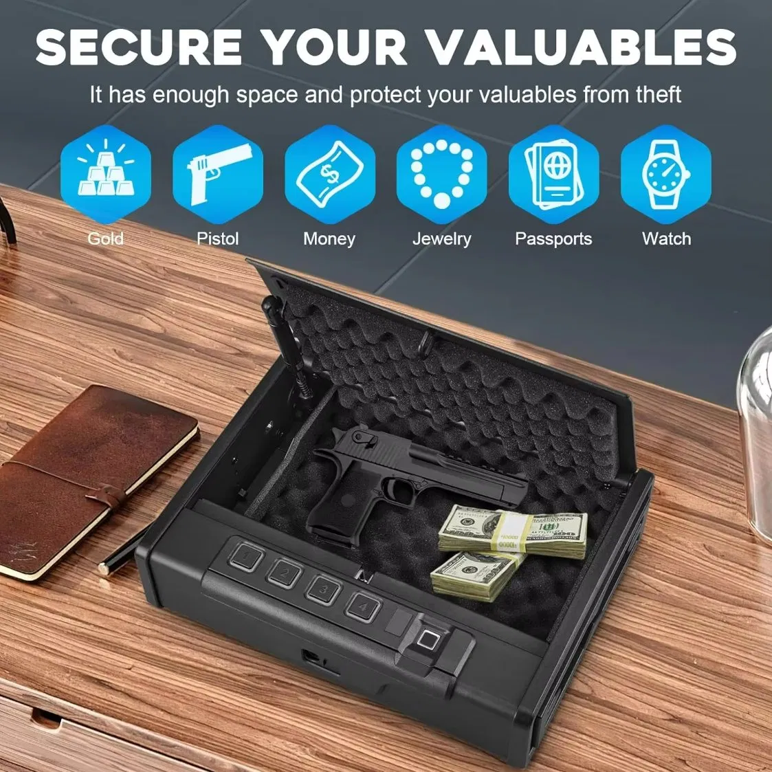 Biometric Gun Safe, Handgun Safe for Handguns, 3-Quick Access with Fingerprint/Key/Passcode, Gun Lock Box for Nightstand, Car, Home