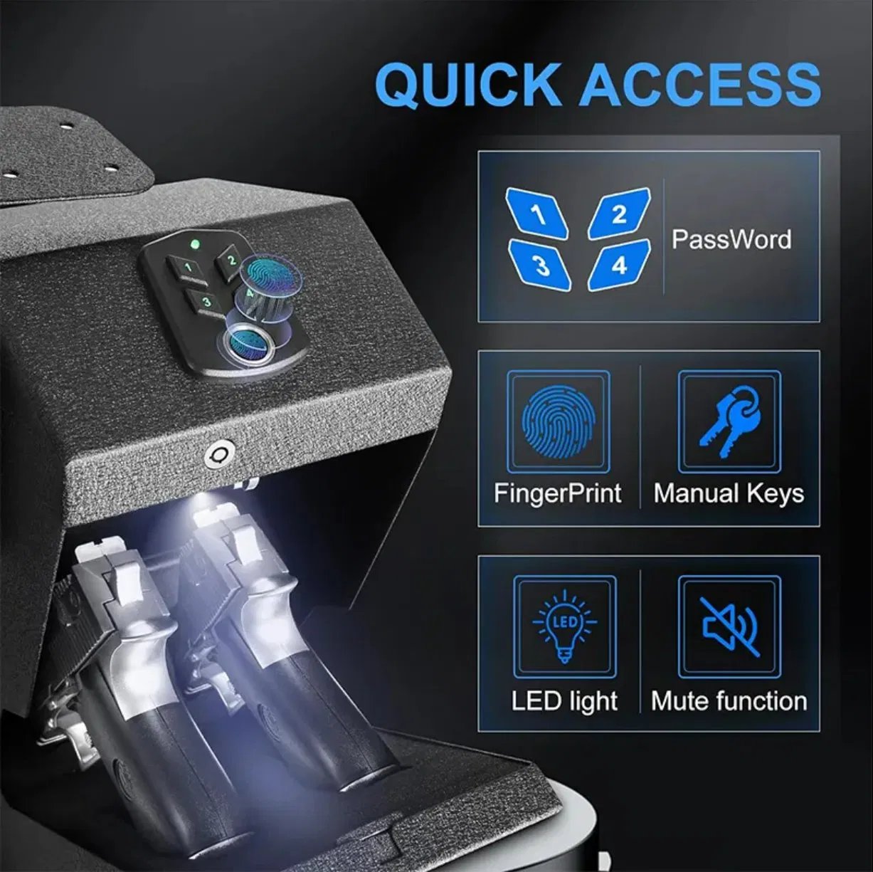 Double Handgun Case Safe for Two Handgun Box for Nightstand Desk Biometric/Keypad/Key Access, Silent Mode Teel Storage Safe Box