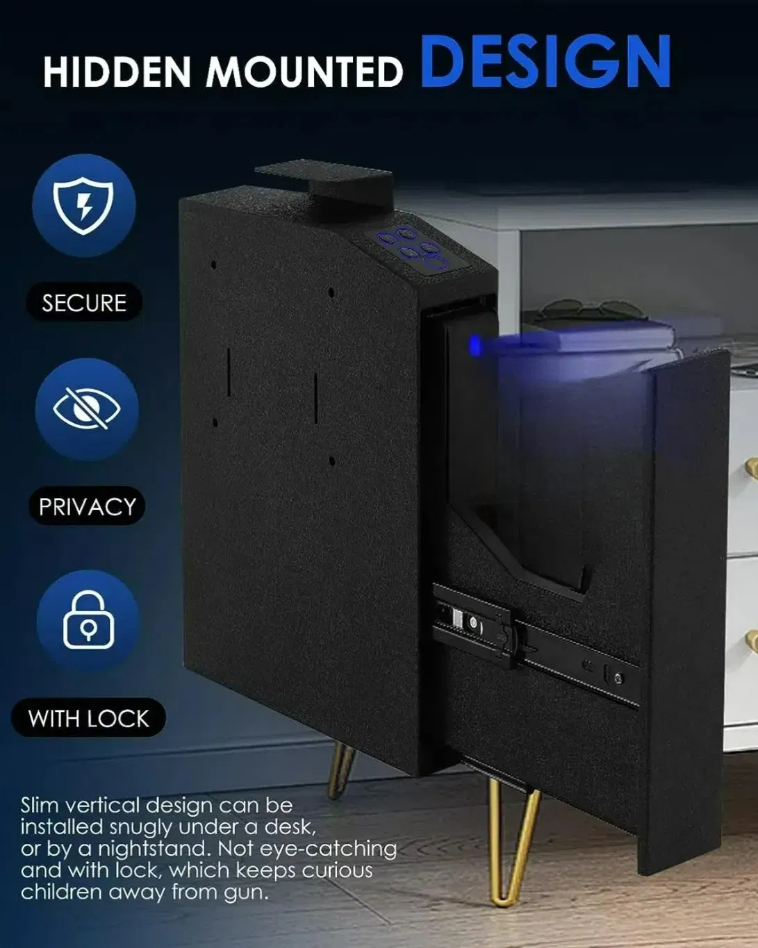 Biometric Gun Safe for Handgun, Mounted Handgun Safe with Quick Access Sliding Door, for Nightstand, Desk, with Fingerprint,
