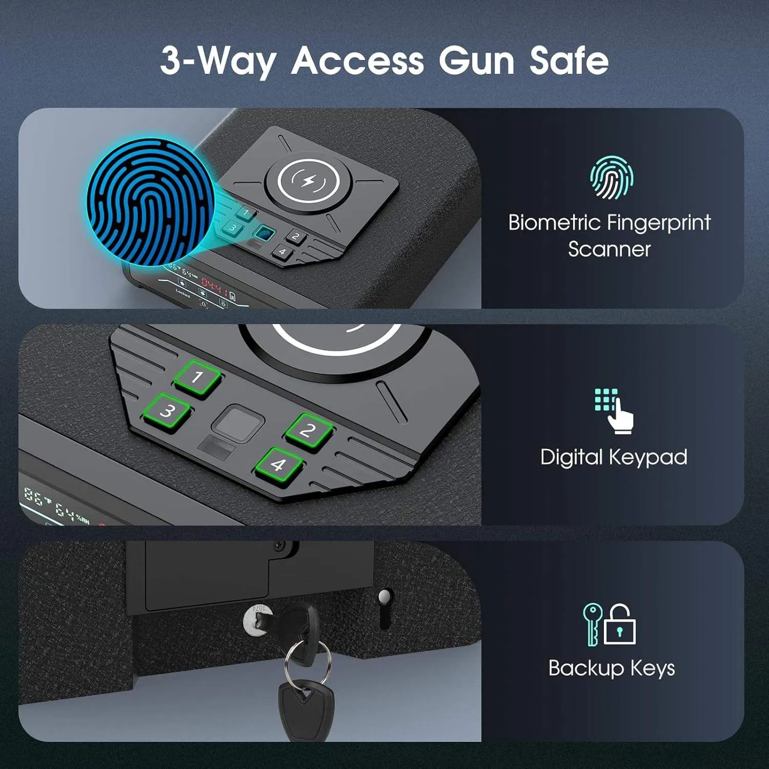 Hand Gun Biometric Safe with Wireless Charging for Phone &amp; Watch 3 Access Methods to Unlock Nightstand Drawer Safe LED Display