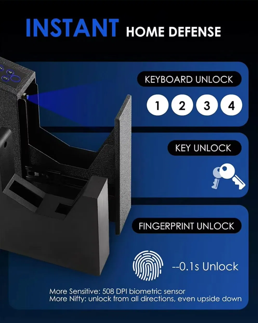 Biometric Gun Safe for Heavy Duties with Fingerprint Keypad Key Quick Access by Desk Nightstand Wall Cabinet Silent Mode