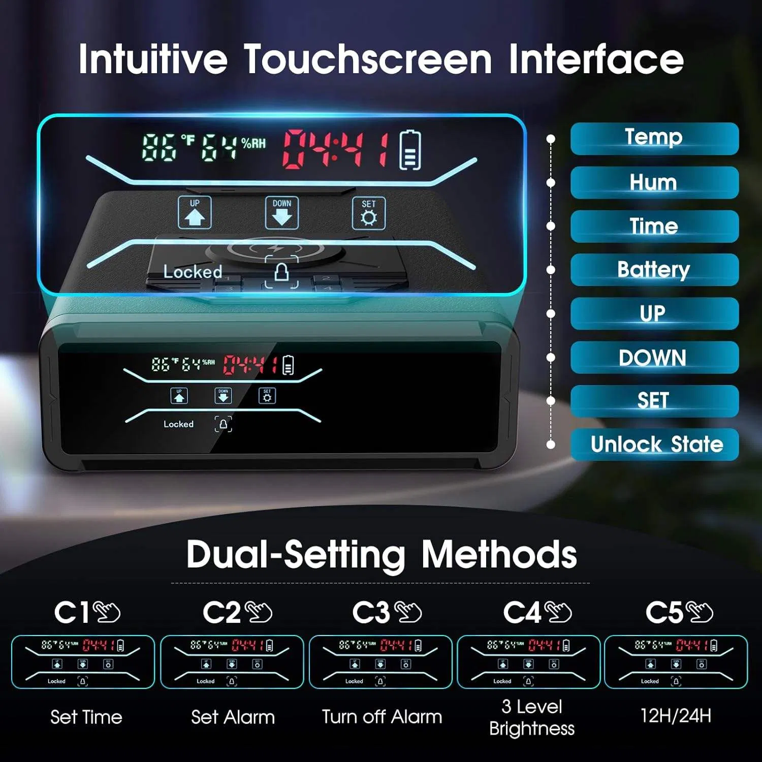 Hand Gun Biometric Safe with Wireless Charging for Phone &amp; Watch 3 Access Methods to Unlock Nightstand Drawer Safe LED Display