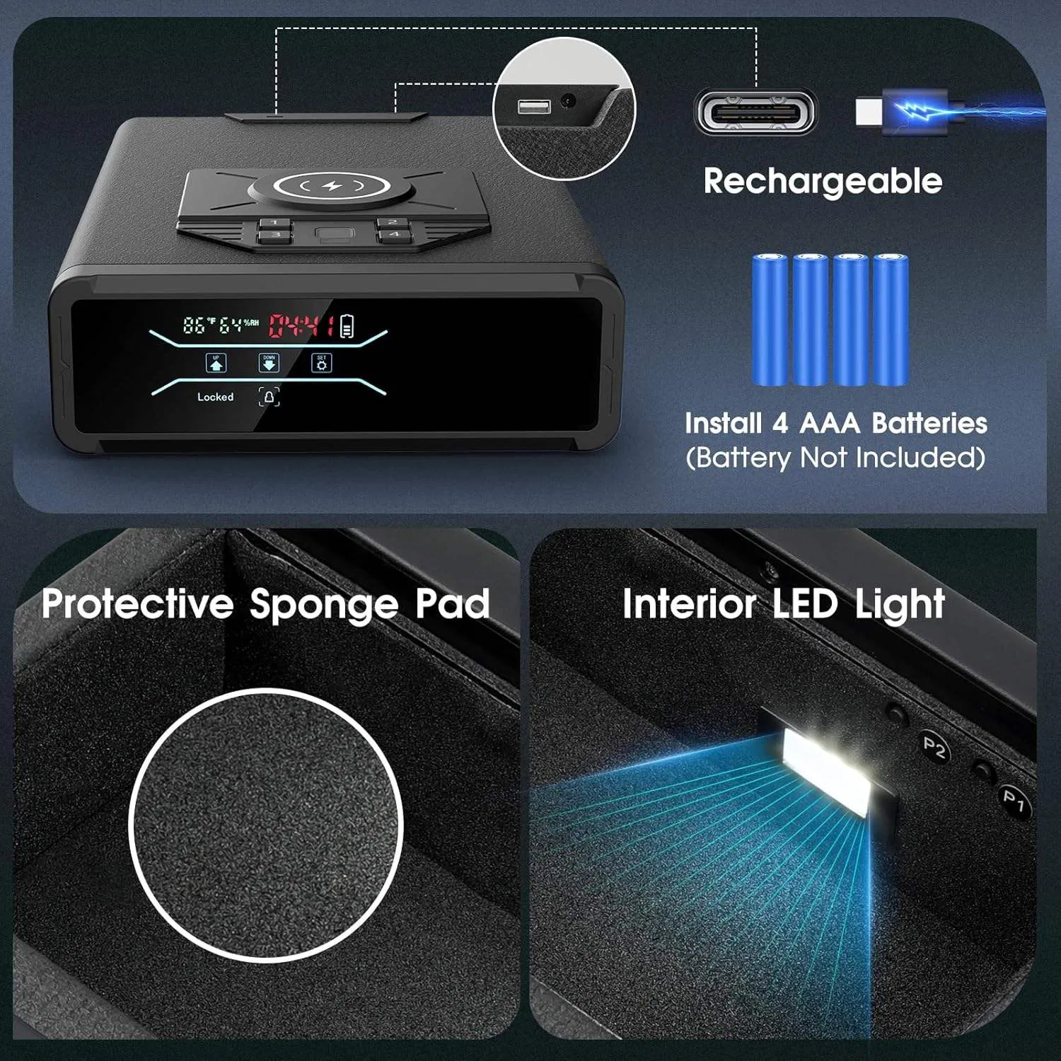 Hand Gun Biometric Safe with Wireless Charging for Phone &amp; Watch 3 Access Methods to Unlock Nightstand Drawer Safe LED Display