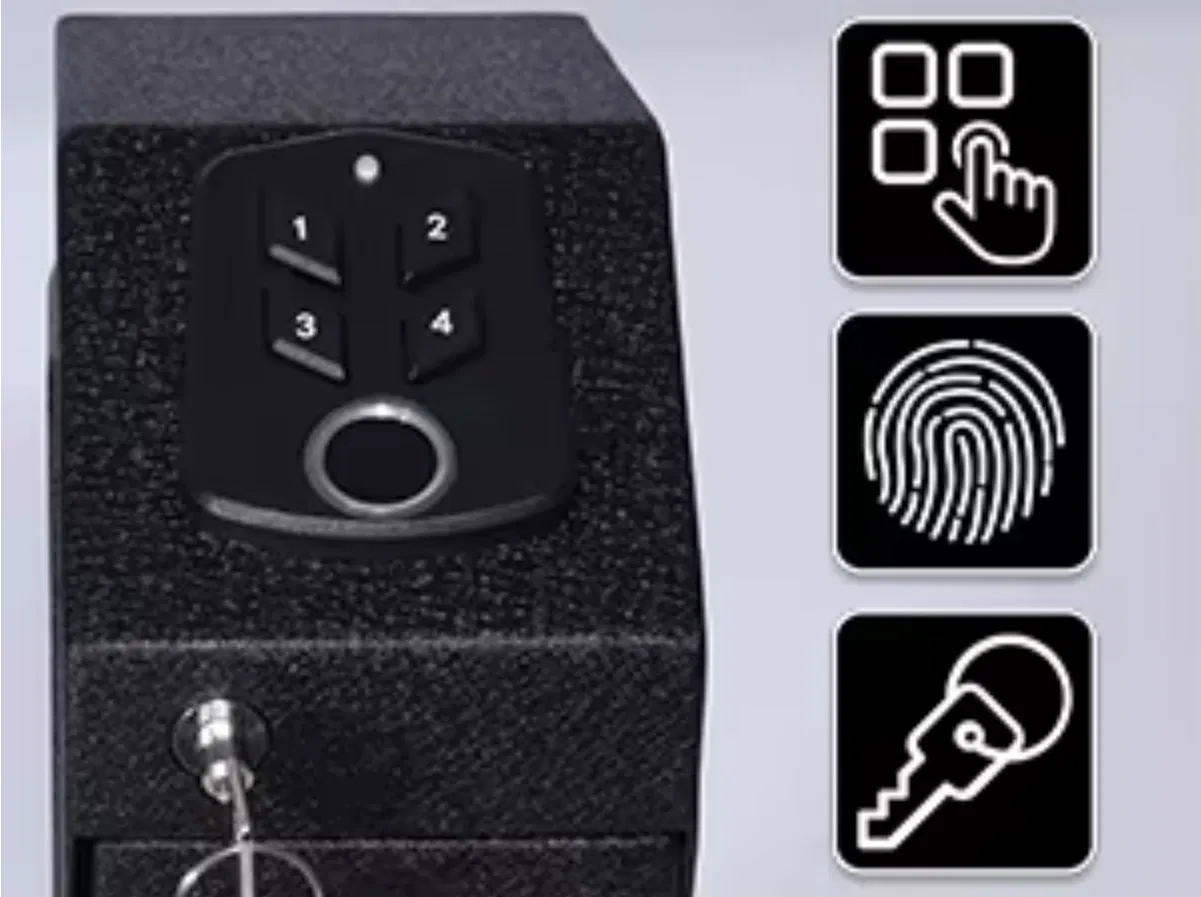 Hand Gun Safe with Biometric Fingerprint for Nightstand Desk Bed Auto Sliding Door Hand Gun Safe with Fingerprint Pin Code Key