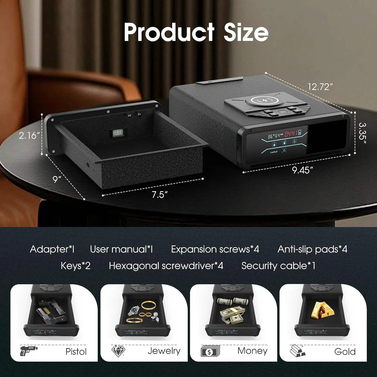 Hand Gun Biometric Safe with Wireless Charging for Phone &amp; Watch 3 Access Methods to Unlock Nightstand Drawer Safe LED Display